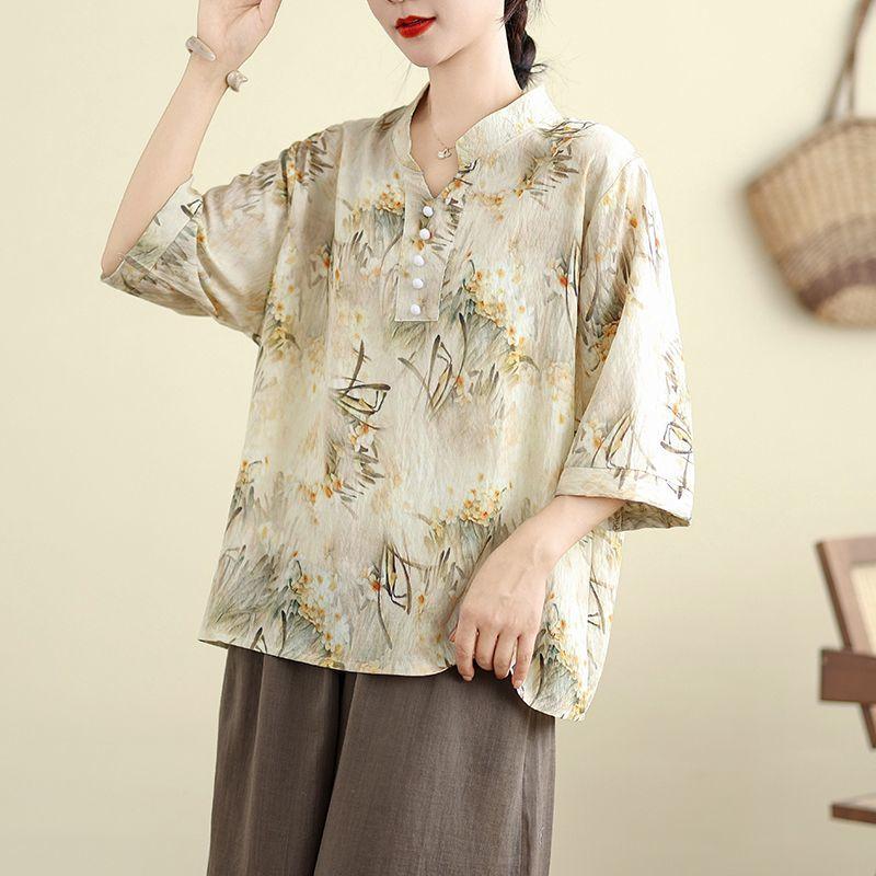 Women's Chinese Style Linen Blend Blouse Floral Print V-neck Half Sleeve Loose Casual Top