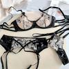 Sexy Erotic Underwear Ultra-thin Perspective Embroidery Leather Uniform Bra Big Chest Small Bra Three Pieces
