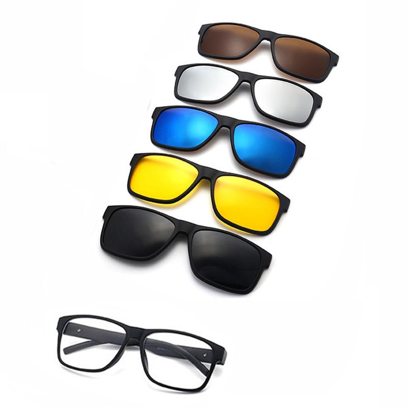 5 Lenes Magnet Clip Sunglasses Square Men Polarized Gray  Frame Custom Prescription Women Myopia Glasses