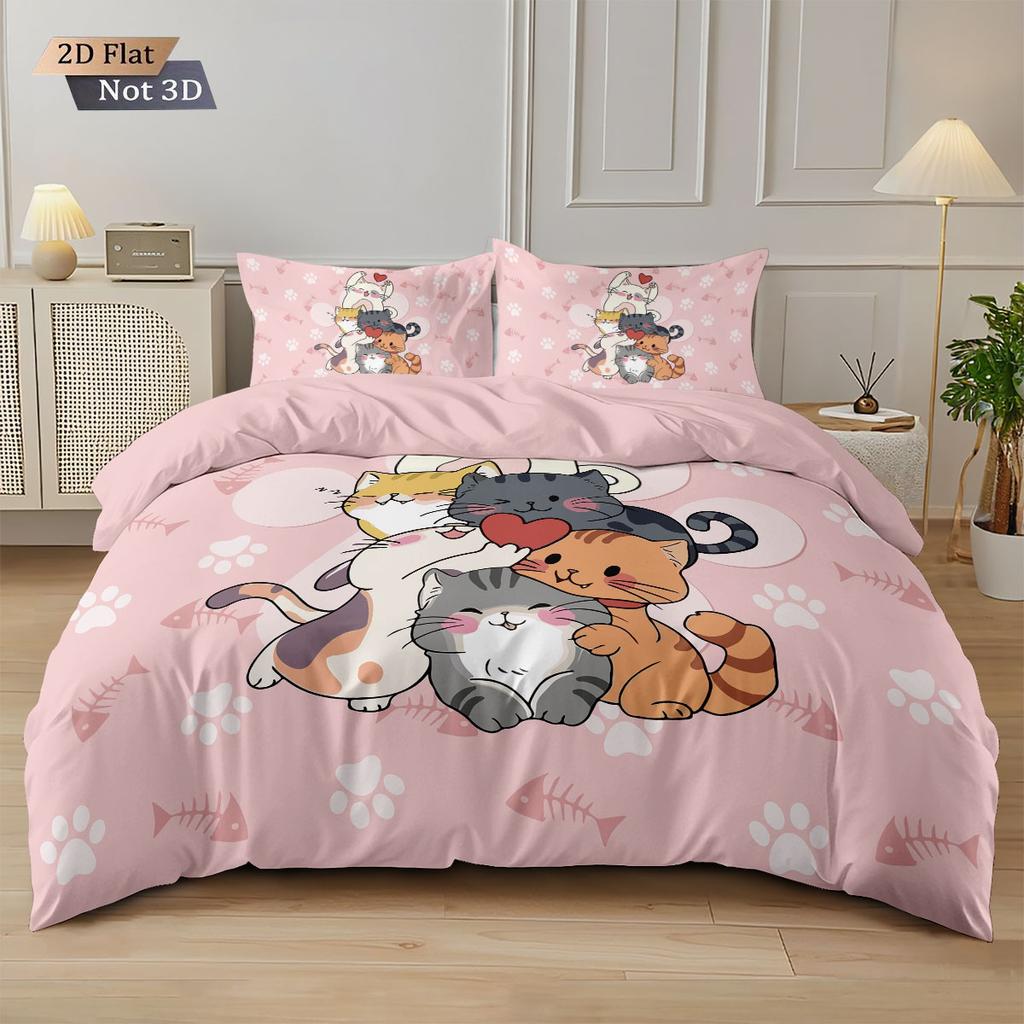3er Set Niedliche Cartoon-Katzen-Bedruckte Spanndeckenbezug-Sets, Mehrgrößen Schlafzimmer Bettwäsche Dekoration, Bequem Maschinenwaschbar