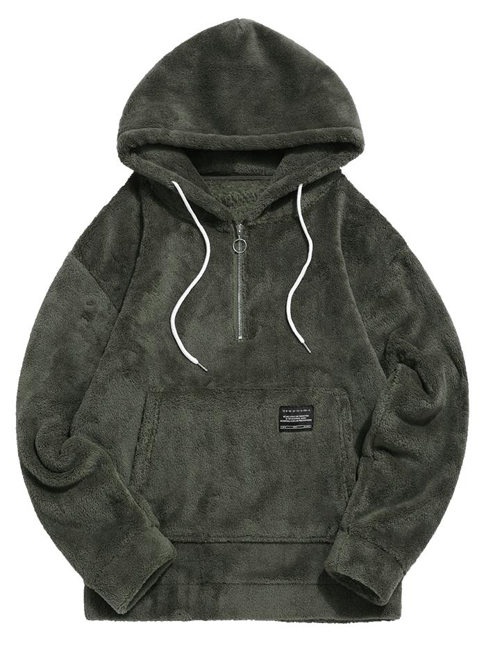 

ZAFUL Applique Solid Color Faux Fur Half Zipper Drawstring Fluffy Hoodie M зелёный