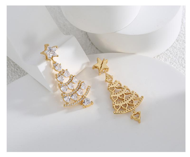 E0541 Boucles d'oreilles arbre de Noël haut de gamme pour femmes: Style Européen & Américain, Cuivre avec Zircon Plaqué Or