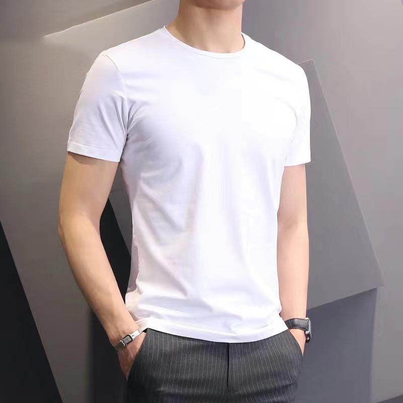 Men's Large White Slim-Fit Short-Sleeve Round Neck T-Shirt - Korean Style