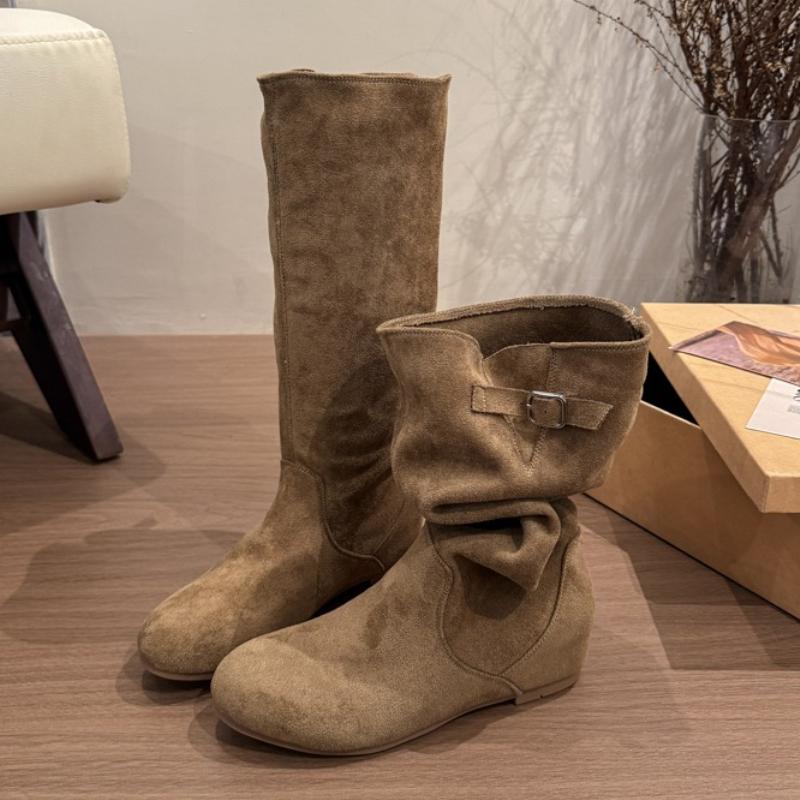 2025 New Women High Boots Knee High Flats Shoes Winter Casual Suede Retro Goth Woman Chelsea Boots Buckle Botas Mujer