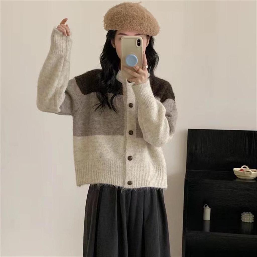Autumn/Winter 2025 Women's Retro Color Block Striped Knit Cardigan Sweater Coat