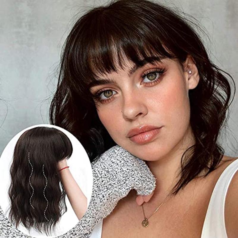 Body Wavy/Curly Hair Topper With Air Bangs For Women,Synthetic Hairpiece Clip in Hair Extension Add Volume Wig for Covering White Hair Hair Loss