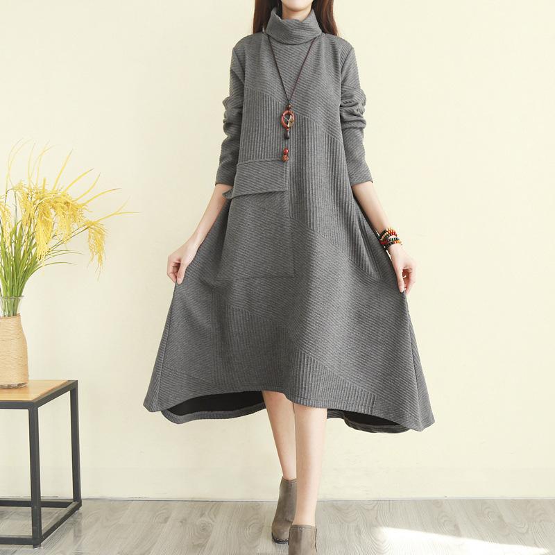 

Artistic High Collar Irregular Thickened Long Dress Inner Wear Temperament Loose Bottoming Skirt for Women M серый