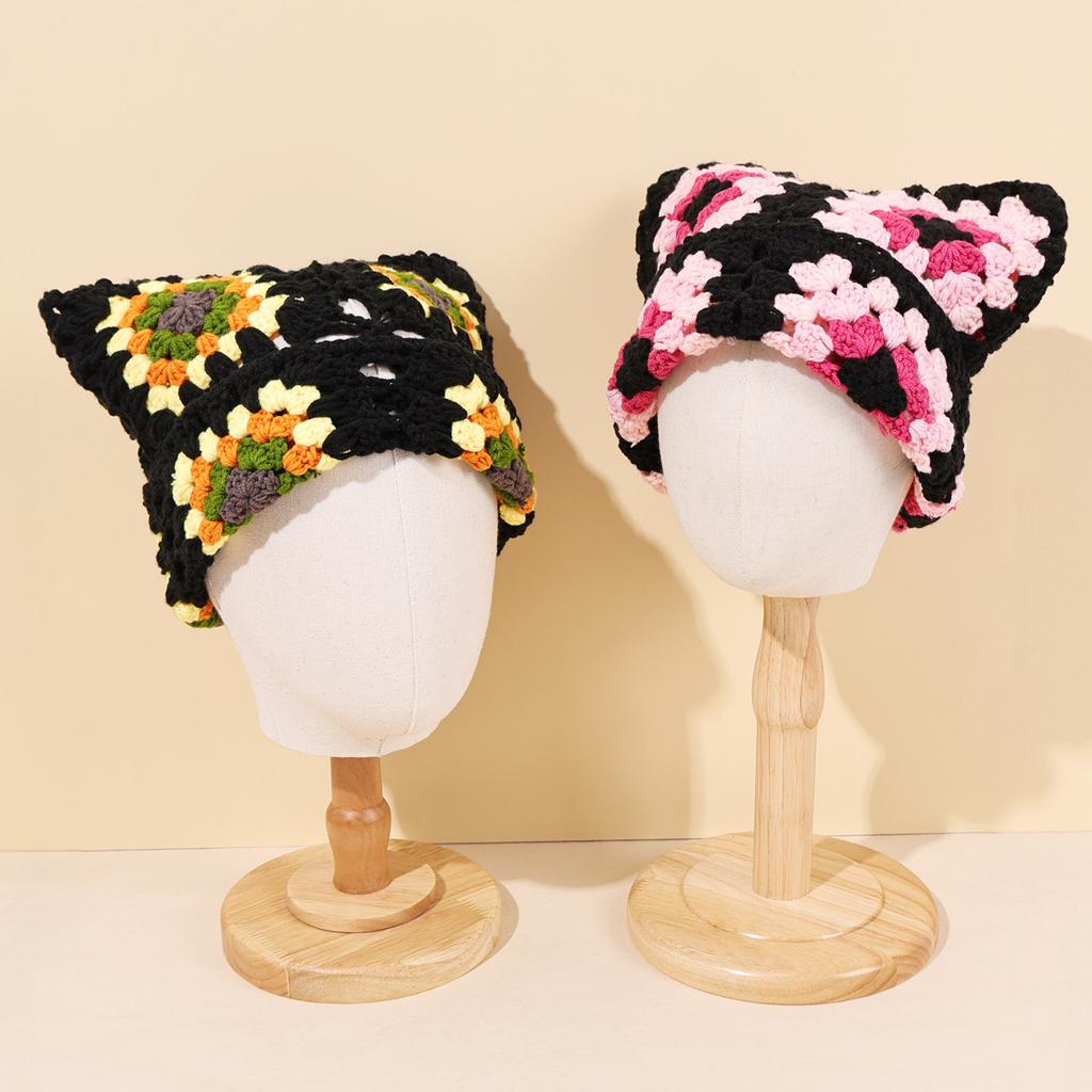 New Handmade Knitting Halloween Versatile Fashion Multi-Color Grandmother Grid Cat Ear Hat Adult Hat
