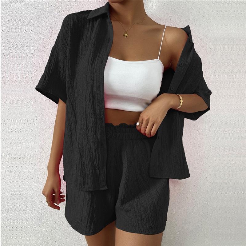 Women's 2 Piece Linen Set Short Sleeve Button Down Shirt Elastic Waist Shorts Casual Summer Outfit