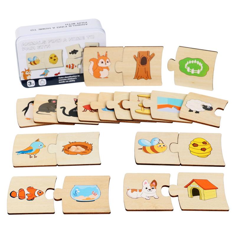 Scatola di Ferro per Bambini Illuminazione Numerica Puzzle di Legno con Animali e Cibo a Coppie Gioco di Allenamento al Pensiero Logico Giocattoli Educativi