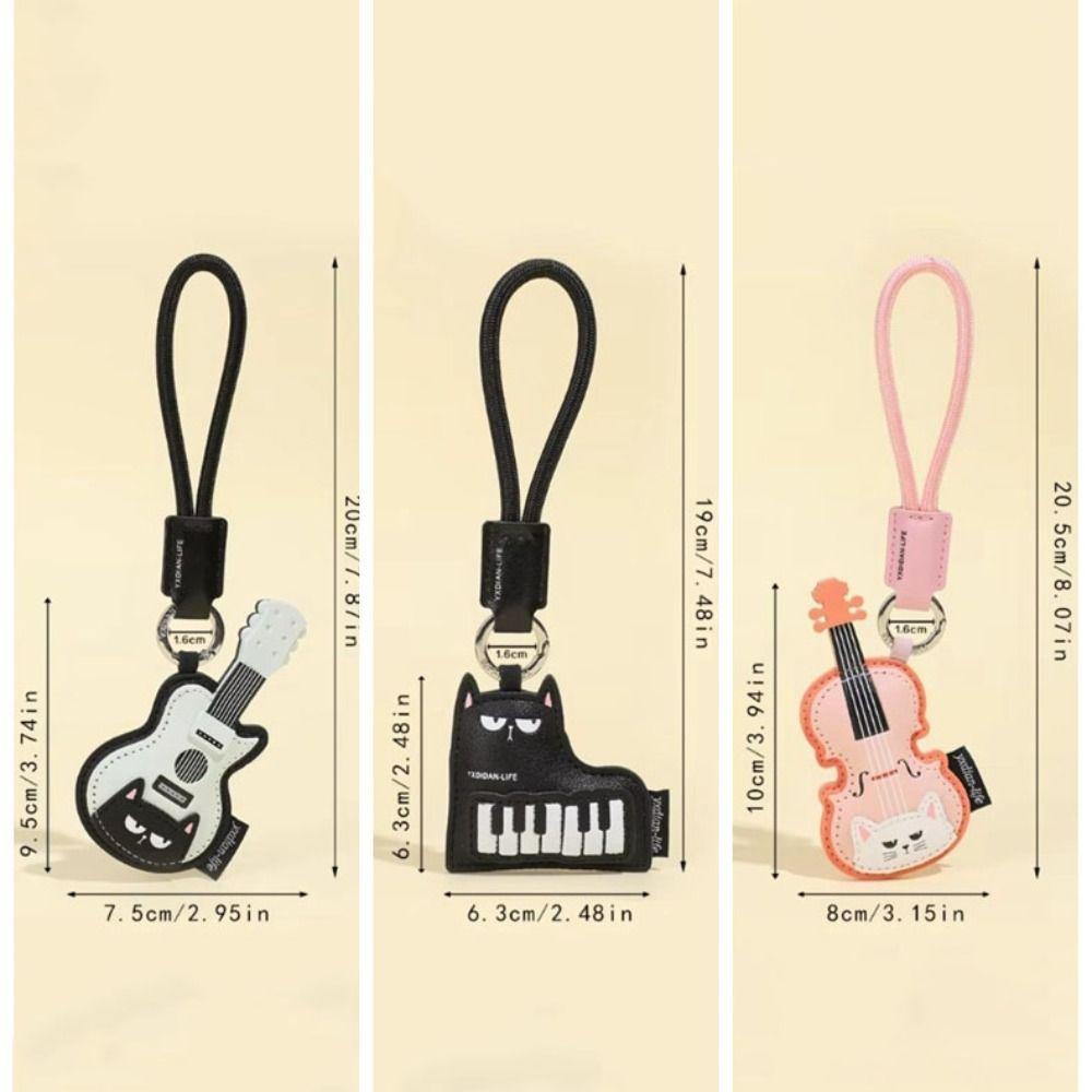 PU Leather Cartoon Violin Keychain with Carabiner Piano Cat Keyring Cat Keychain Music Lovers Gift