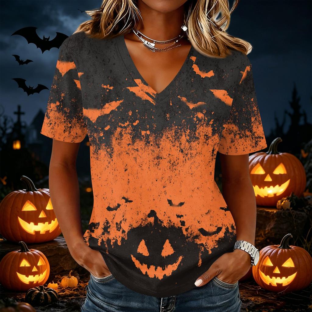 Women's Halloween Print V-Neck Short Sleeve Casual Pullover Top