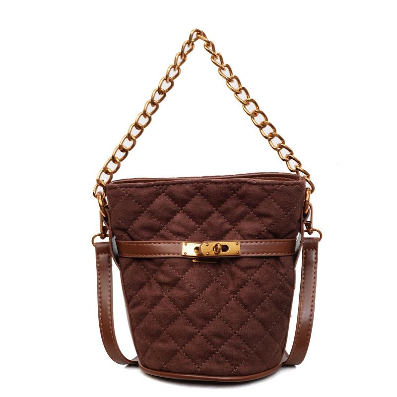 Ladies' Crossbody Bag with Leather Velvet, Diamond Grid Embroidery Thread, Chain Decoration, Small Bucket Bag, Versatile Single Shoulder Crossbody Bag