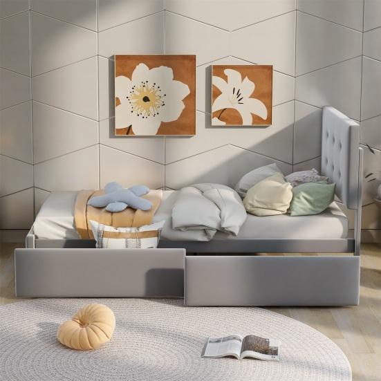 99x210cm Velvet Fabric Kids Bed with Adjustable Headboard 2 Drawers Ergonomic Design Strong Wood Slat Support Bed Home Furniture