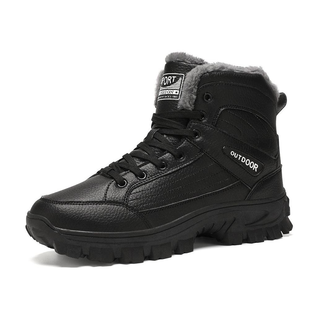 Men Outdoor Winter Hiking Boots High Top Lace‑Up Snow Boots Plush Warm Lining Non‑Slip Thick Sole Cotton Shoes Big Size 39-46
