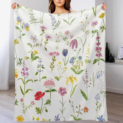 Botanical Colorful Countryside Wildflowers Watercolor Painting Throw Blanket Soft Warm Blanket Gift for Men Women Adults