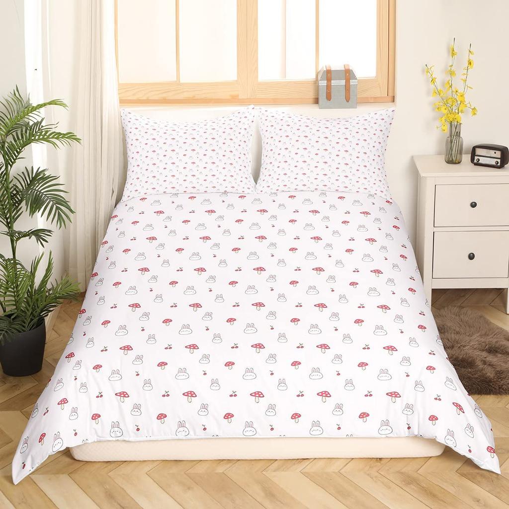 Rabbit Print Kids Girls King Queen Duvet Cover Cartoon Pink Little Bunny Comforter Cover Animal Floral Polyester Bedding Set