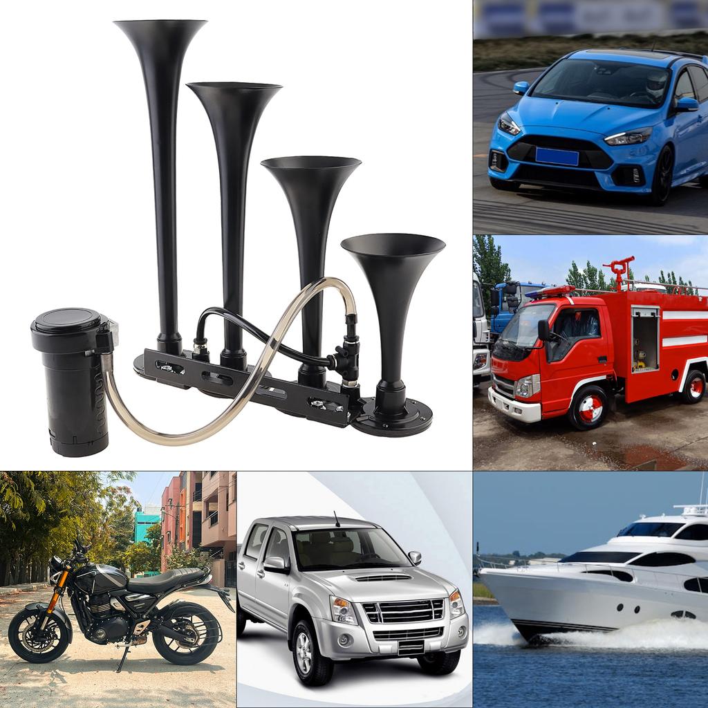 12V 185dB Super Lautes Vier-Trompeten Musikalisches Lufthorn mit Kompressor Schalterknopf Schwarz für Autos LKWs Boote Motorräder