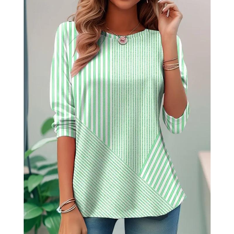 

Spring and Autumn Round Neck 3D Striped Graphic Printed Top Fashionable Casual Long Sleeved Women s T-shirts 4XL