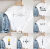 Womens White Short Sleeved Tshirt with Heartbeat Music Notes Printed Letters Casual Fashion Tshirt Designed Fashionable Top