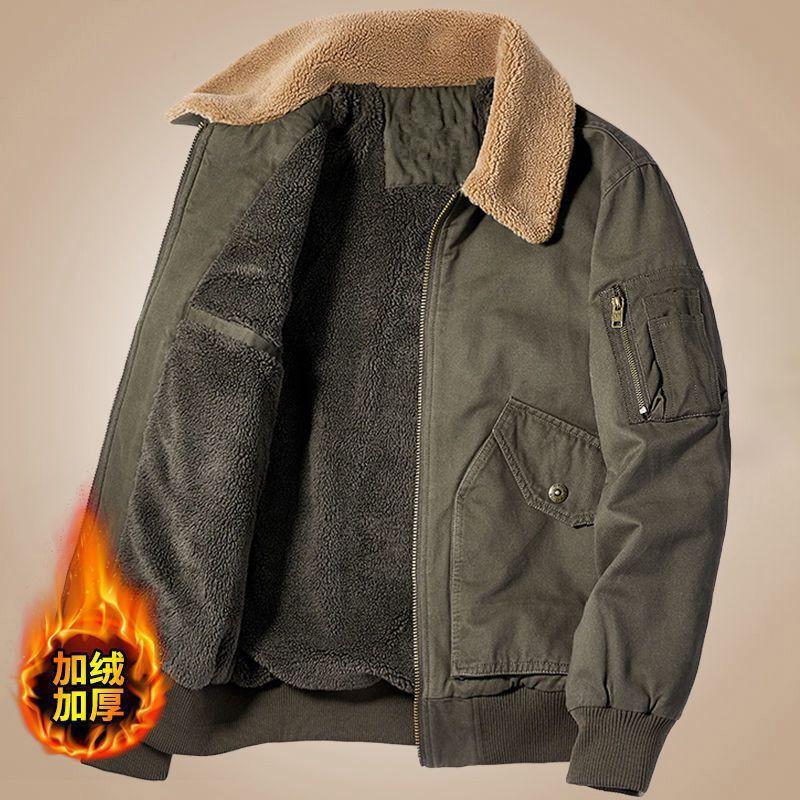 Men's Winter Fleece Lined Bomber Jacket - Thick Warm Zippered with Faux Shearling Collar and Pockets