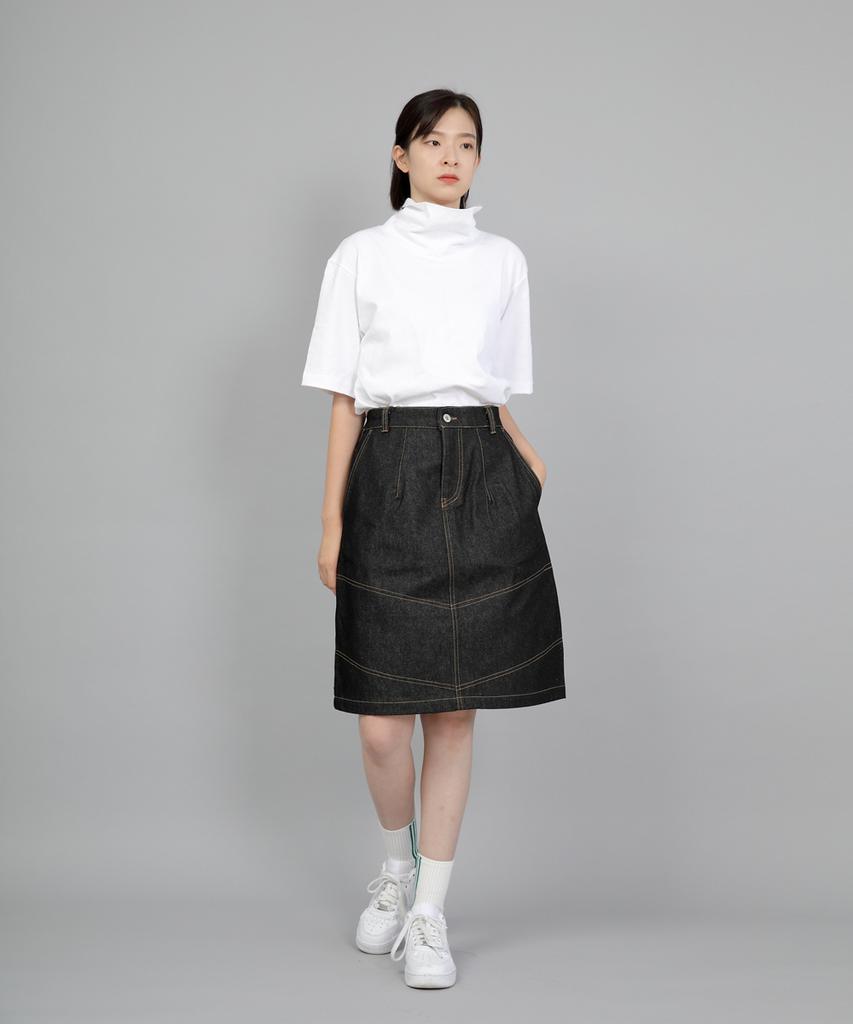 Seinteukeulu Wide Dome Half-Band Midi Skirt Wdm-1305 Black Denim Brs