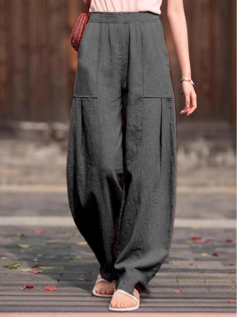 2026 Spring/Summer Women's Cotton Linen Lantern Pants - Artistic Retro Casual Long Pants with Sand Washed Ramie