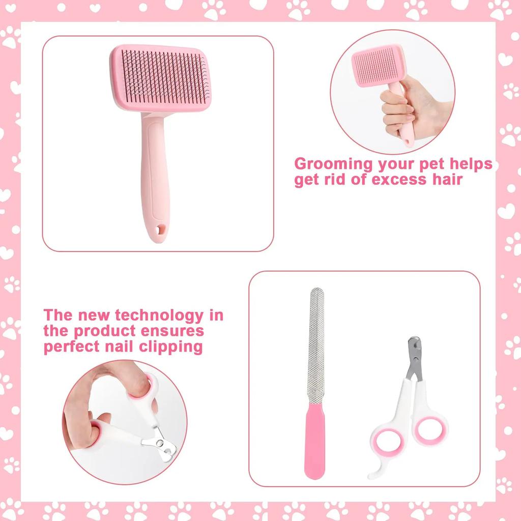 8-teiliges Hundebürstenpflegeset, Haustier-Selbstreinigungsset, mit Haustier-Nagelknipser und -feilen, Flohkamm, Haustier-Shampoo-Badebürste, Haustier