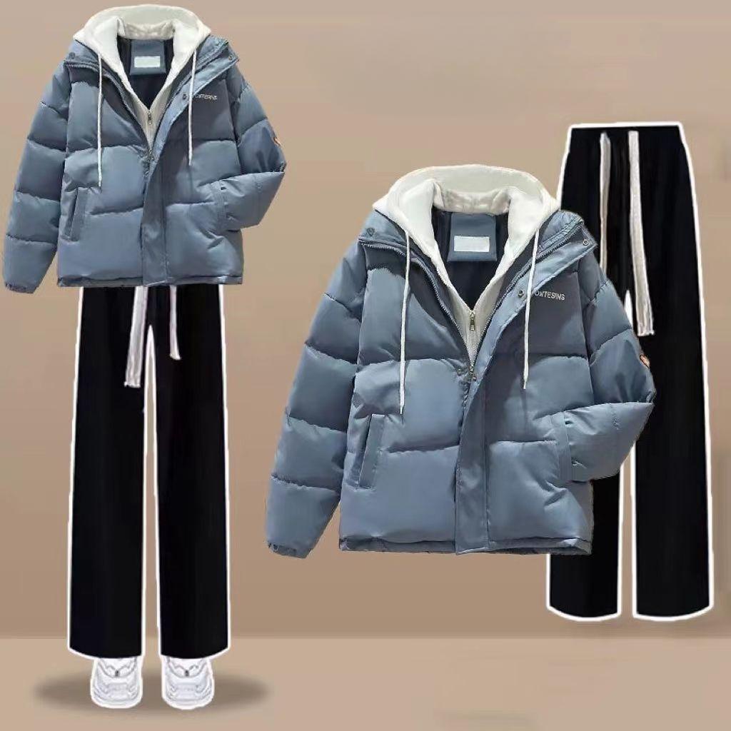 Winter Women's Cotton-padded Hooded Jacket + Thickened Wide-leg Pants Fashion Two-piece Suit