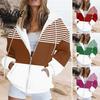 Loose Fit Women Jacket Fall Winter Hoodie Zipper Closure Casual Breathable Striped Coat with Pockets Drawstring Hooded Long Sleeves Top
