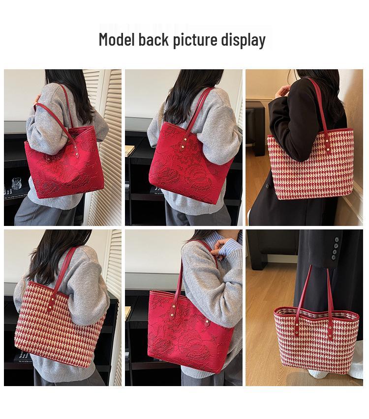 Women's Large Red Canvas Handbag - 2025 Stylish Single Shoulder Tote for Bridal Wedding Banquet