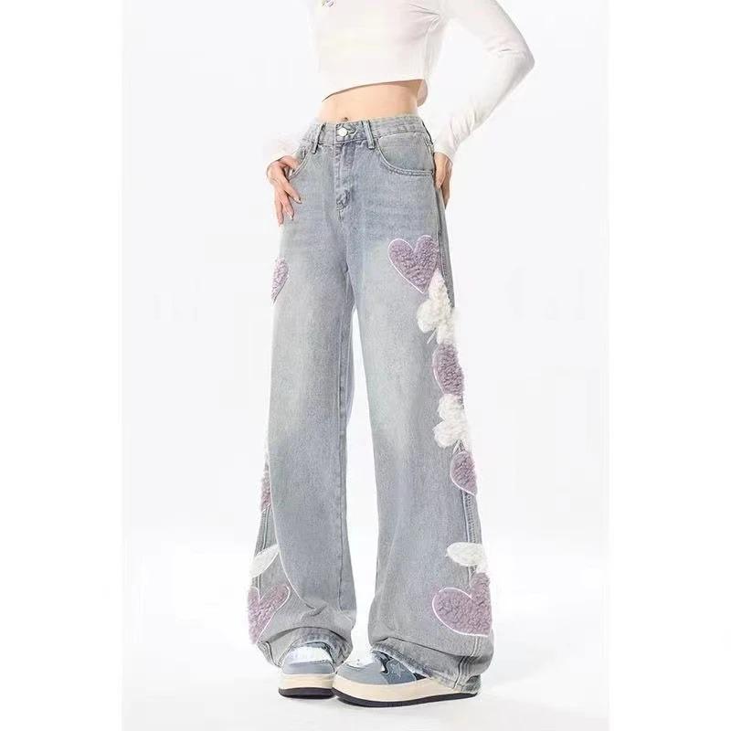 Women Jeans with Heart Vintage Y2k 90s Aesthetic Baggy Denim Trouser 2000s Harajuku Kawaii Wide Cowboy Pants Trashy Clothes 2024