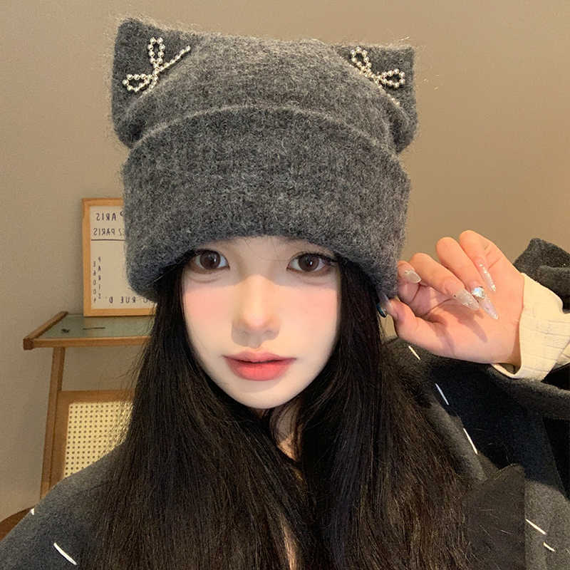 Korean Cute Cat Ear Wool Hat for Women In Autumn and Winter New Windproof Warm Pullover Hat Big Head Circumference Pile Hat Trendy