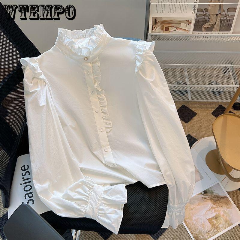 French Fungus Edge Shirt for Women Vintage Short Style Stand Up Collar White Shirt