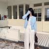 Long sleeved knitted cardigan for women's autumn and winter versatile short style westernized light blue sweater top