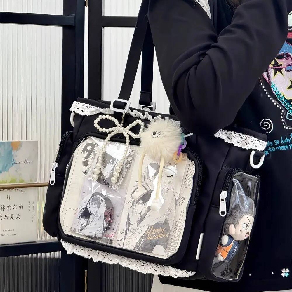 Japanese Sweet Women Ribbon Ita Bag Fashion Large Capacity Tote Bag Aesthetic Shoulder Bag Cute Lolita Girl Transparent Handbags