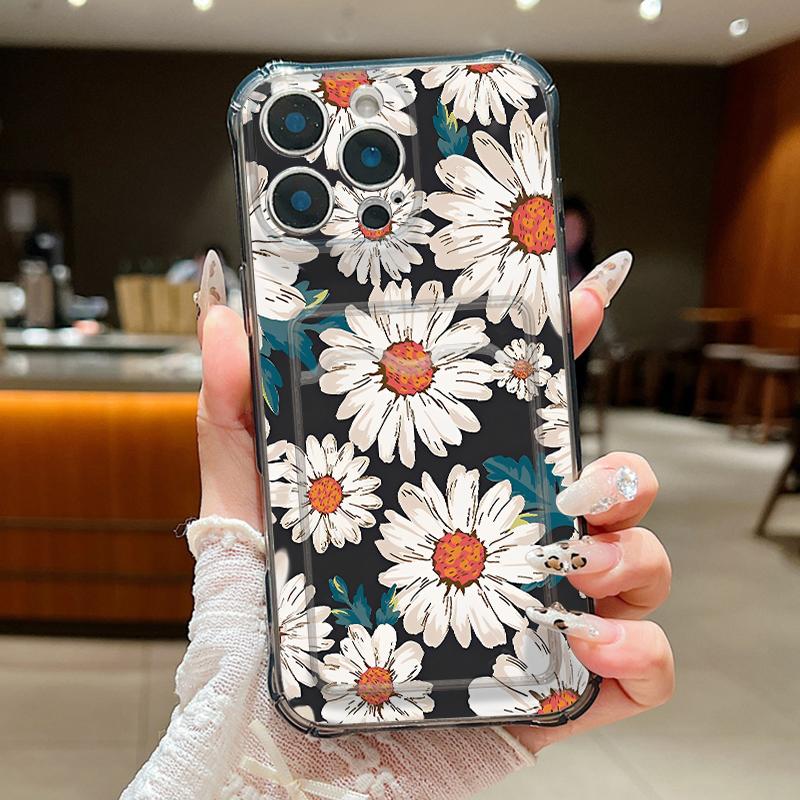 Flowers Print Card Slot Phone Case For iPhone Air 16e 17 16 15 Pro Max 14 13 Pro Max Shockproof Clear Soft Silicone Cover