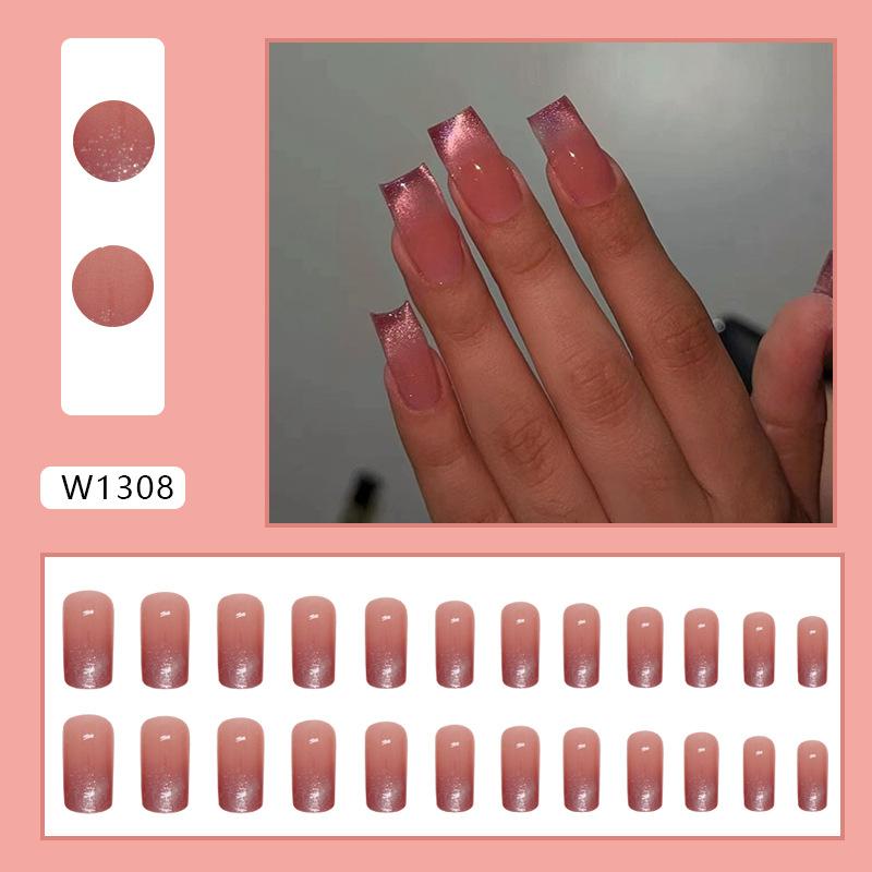 

Medium and long Aurora gradual change chestnut glitter powder manicure mature white ins wind fake nails wear nail nails