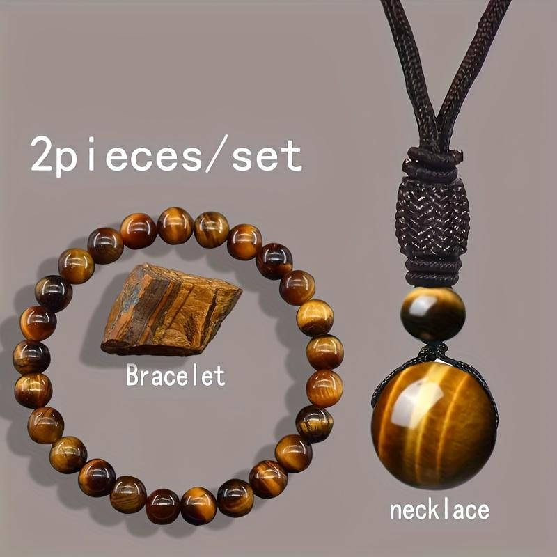 Round Tiger Eye Stone Necklace for Men and Women, Adjustable Braided Tiger Eye Pendant Necklace Bracelet is an ideal gift Tiger s Eye Stone Necklac