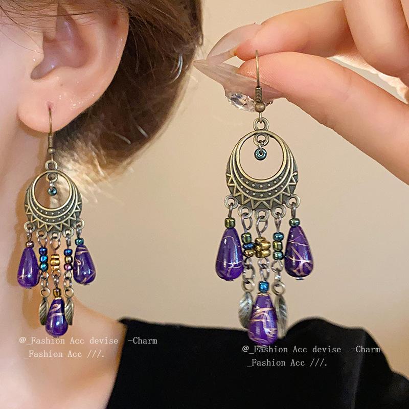 New Chinese water drop round earrings niche temperament design sense ear hook Guochao retro ethnic style high-end sense earrings