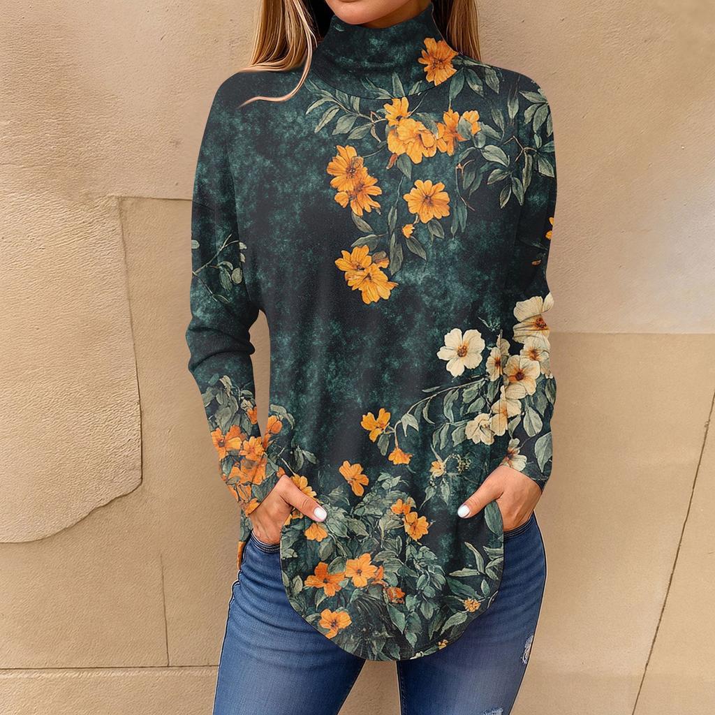 Tee Shirts For Women Fall Casual Long Sleeve Shirts Sweatshirt Vintage Printed High Neck Top Pullover
