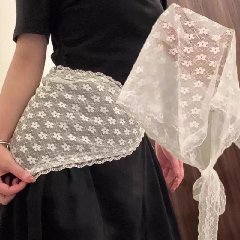 Lace Flower Jeans T-shirt Scarves Headband Elegant Women Lace Flower White Sweet Triangle Scarf Ins Style Ribbon Artistic Travel