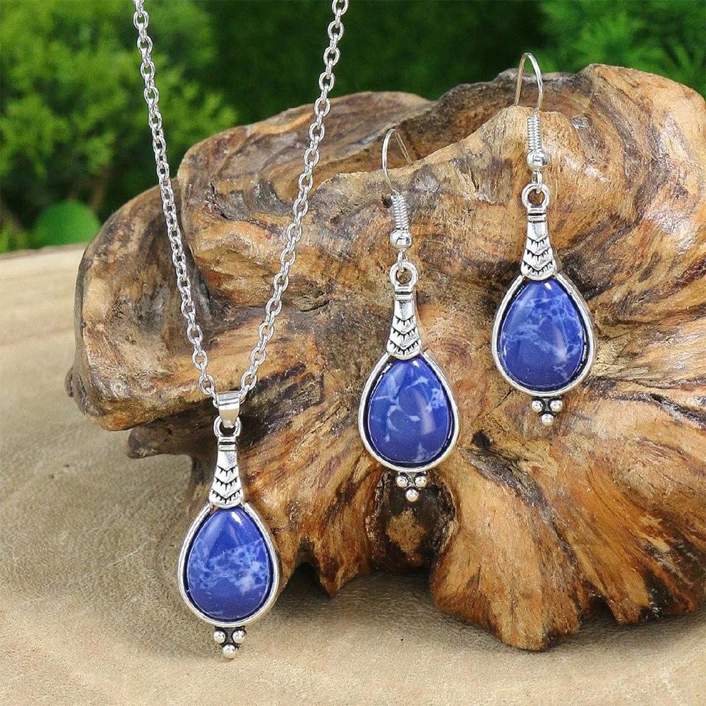 Heißer Verkauf Ohrringe Halsketten Set Rissiger Stein Inlay Stilvoll Einfach Ethnisch Stil Zubehör