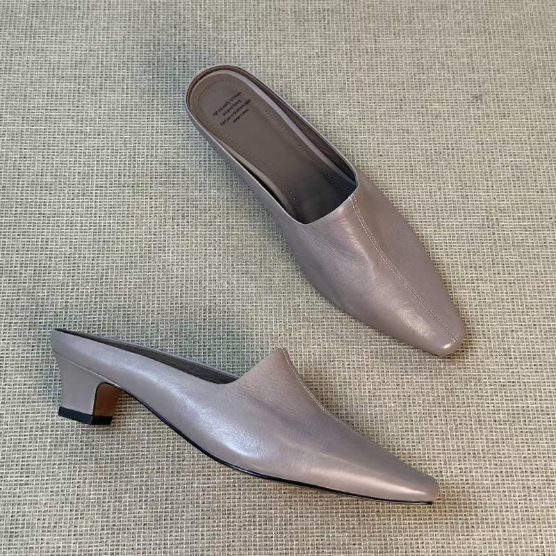 Quadratische Kopf Dicke Ferse Tasche Kopf Halbe Hausschuhe Weiblich Pendler Faul Ein Pedal Mode Coole Hausschuhe Weiches Leder Einzelne Schuhe