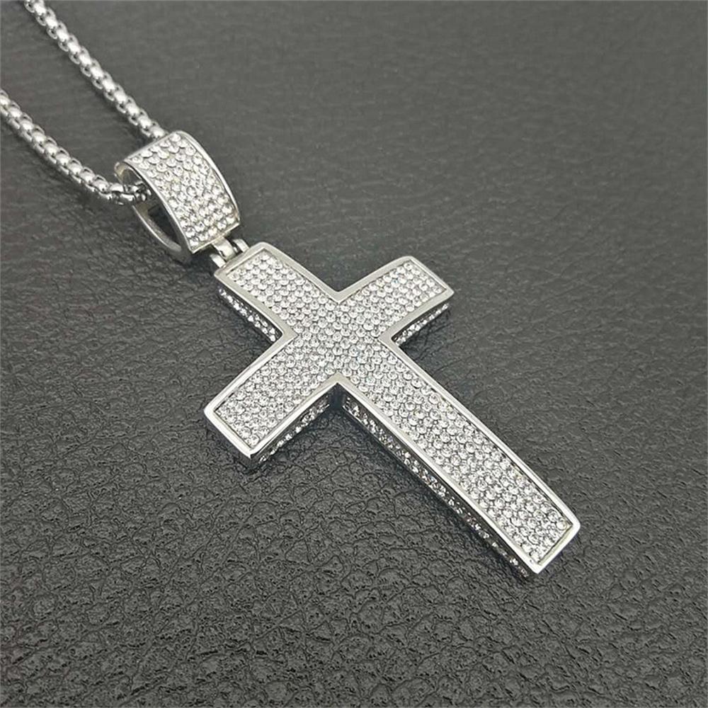 Stainless Steel Big Jesus Cross Pendant Male Gold Silver Color Iced Out Bling Christian Necklace for Men Religious Jewelry Gift
