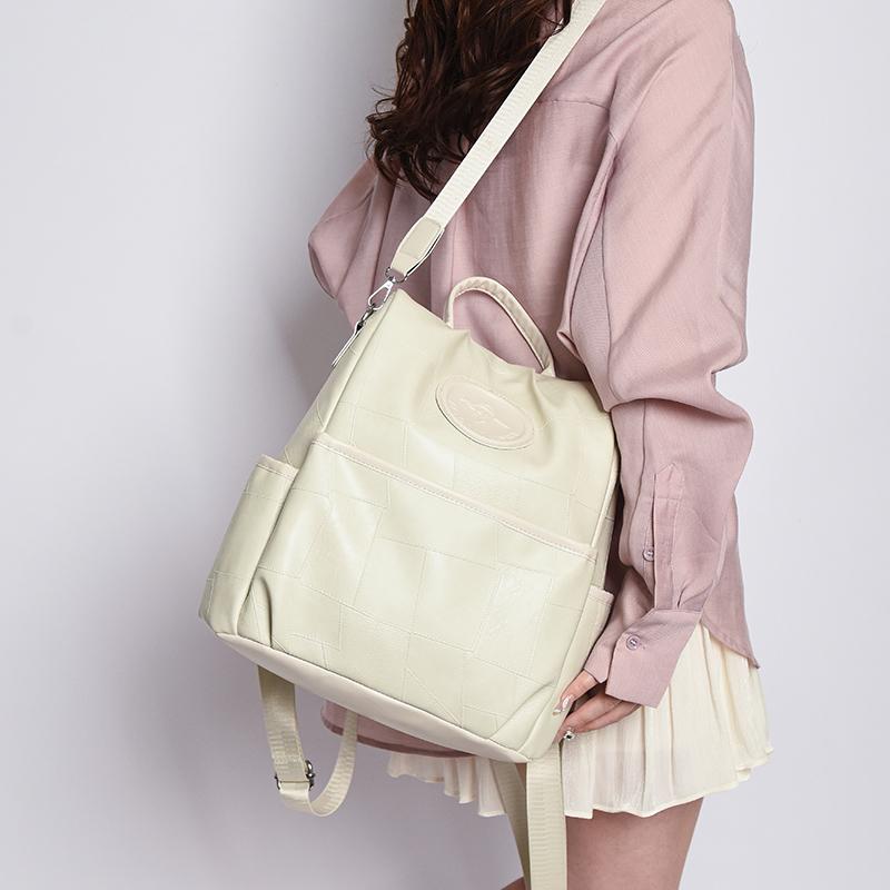 Soft Leather Women Backpack Geometric Pattern Patchwork Backpack Large Capacity Women's Travel Bag