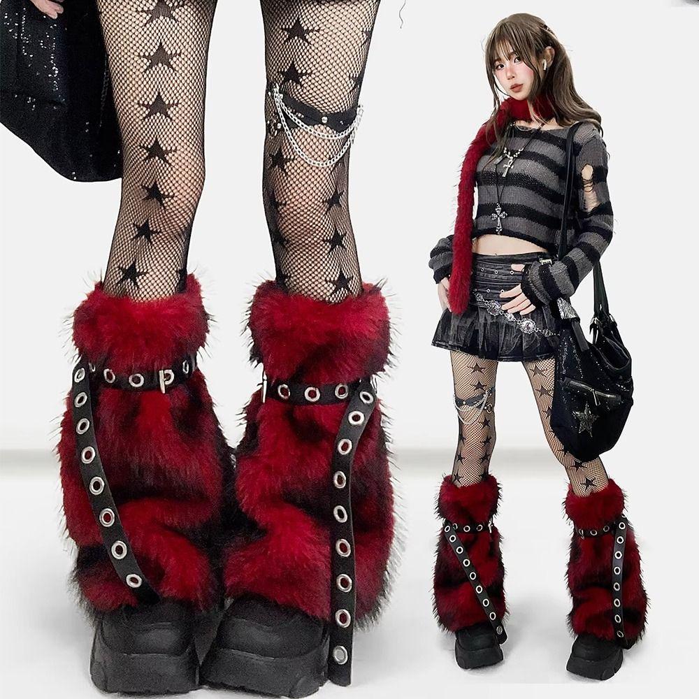 Y2K Faux Fur Leg Warmers Super Soft Fuzzy Boot Cuffs Fashion Faux Furry Belt Halloween Party
