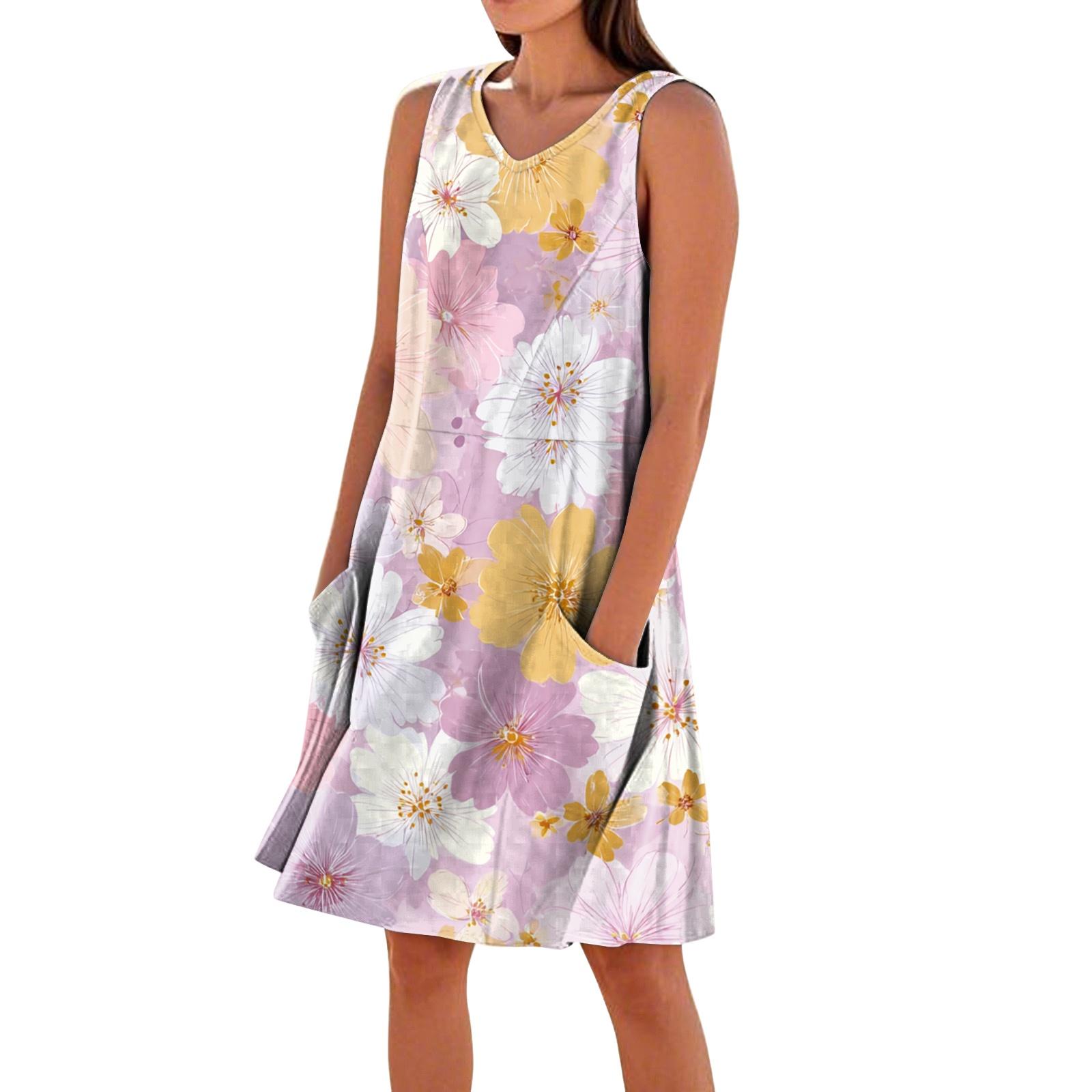 

Women s Casual Printed Sleeveless V-Neck Pocket Dress XL рожевий