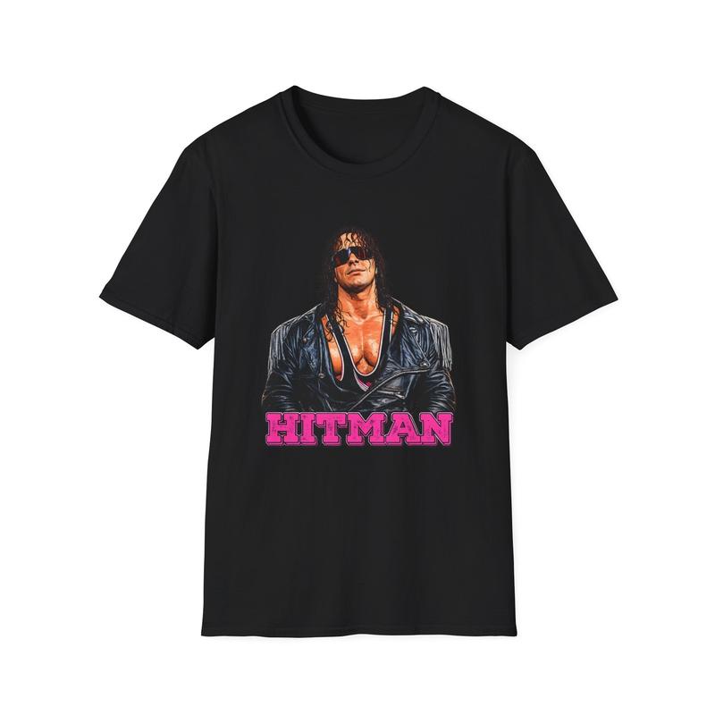 Hitman Graphic Unisex T-Shirt| Retro Wrestling Portrait, Pink Logo Graphic Tee S