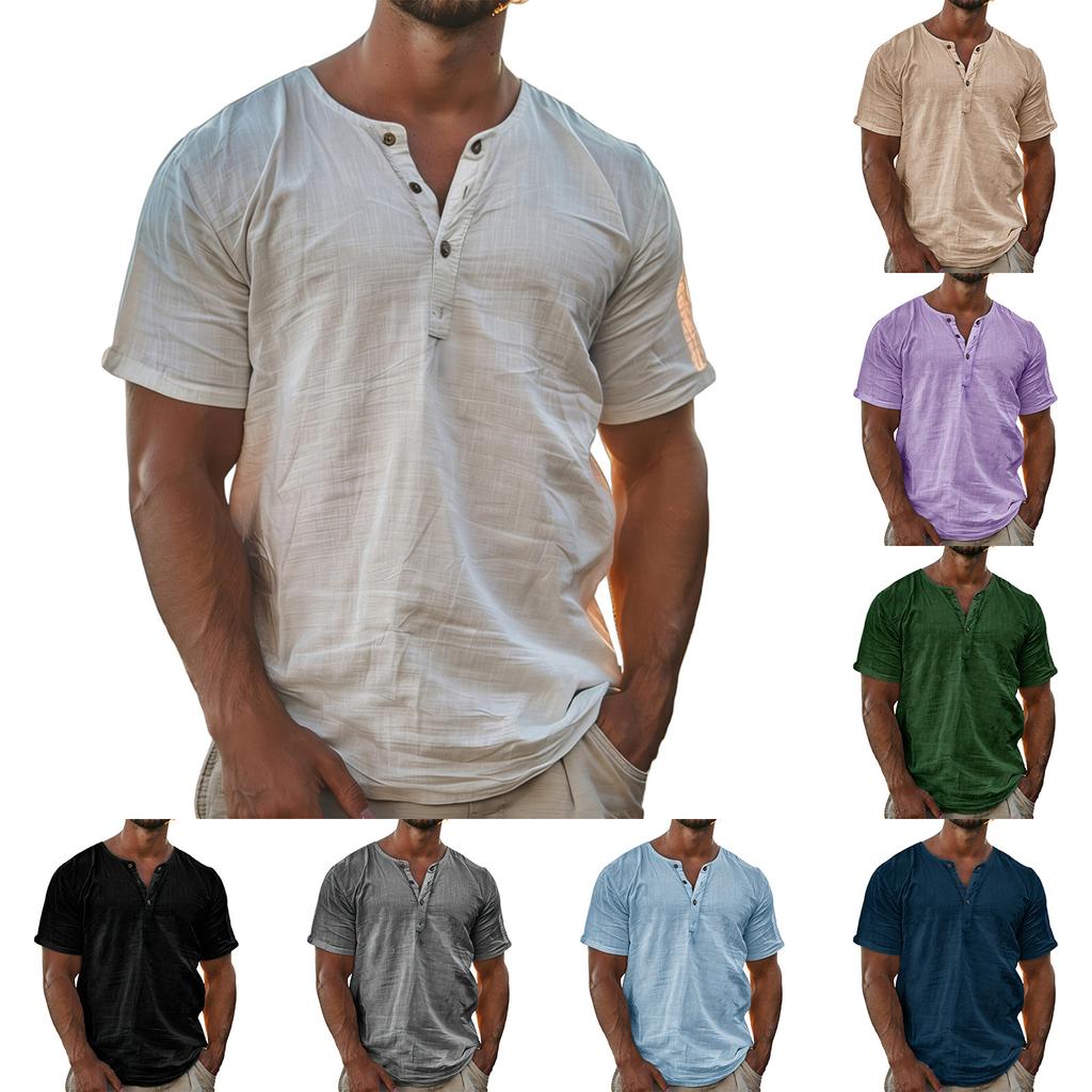 Men Henley Shirt Short Sleeve Button Down Linen Casual Loose Fit Summer Lightweight Top for Daily Wear